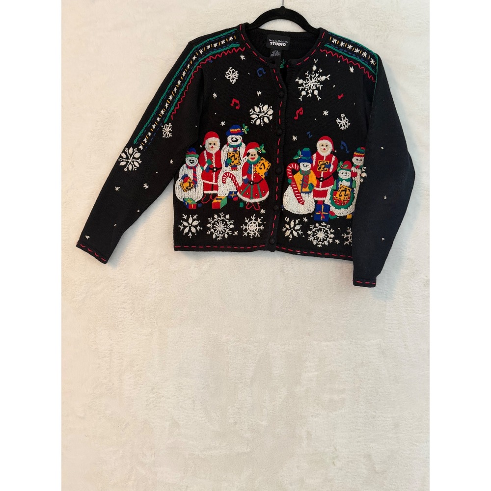 Designers Originals Studio Christmas Cardigan Petite Small Black Snowman Santa